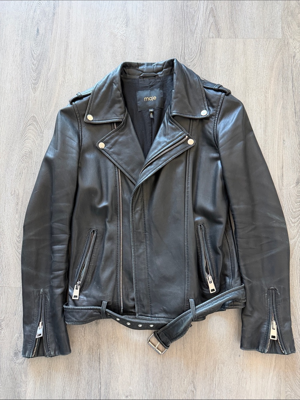Maje Black Leather Moto Bomber Jacket